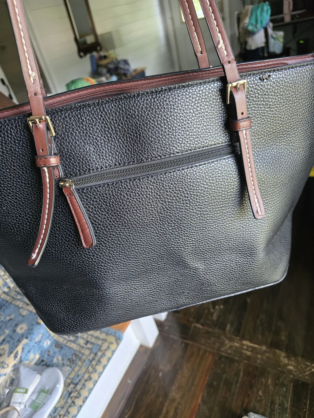 Classic Black Pebbled Tote with Brown Straps